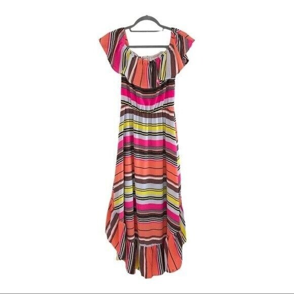 Charles Henry M Off The Shoulder Striped High Low Ruffle Dress Cocktail Party - Picture 7 of 9